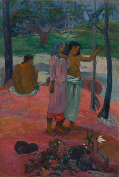 Two barefoot women in pink and white robes stand among slim tree trunks on ground painted flat rose-pink, one raising a hand, while a third figure in yellow sits with her back to us on the green grass beyond.