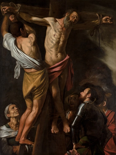 A bearded old man hangs tied to a rough wooden cross in a dark space, lit hard from the left. A bare-shouldered man on a ladder reaches up to untie him while a soldier in steel armour and an old woman look up from below.
