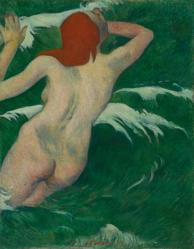 A nude woman with loose red hair, seen from behind, throws herself into deep green water, her pale body arched forward as white foam breaks in curling crests around her.