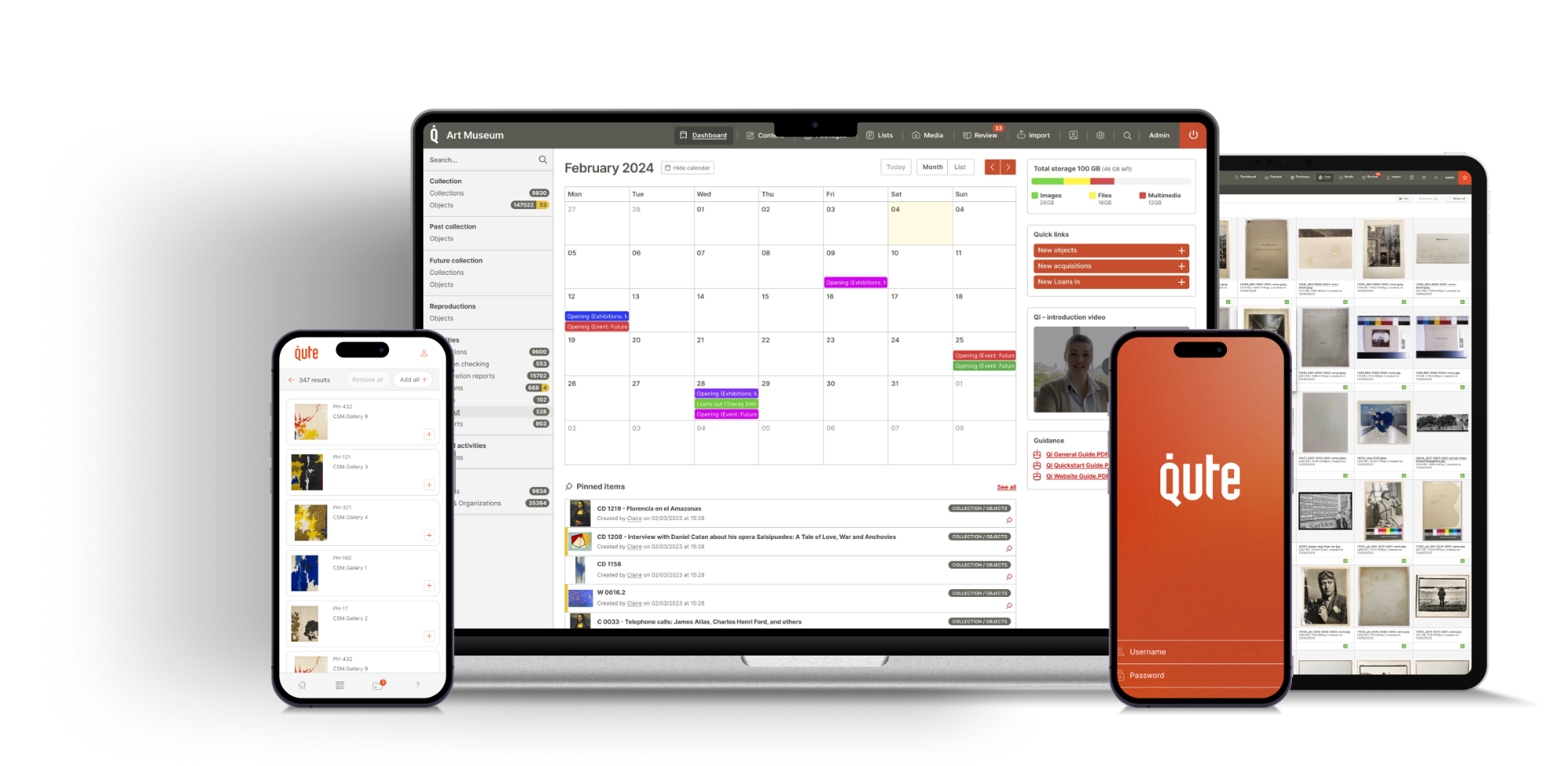 Qi collections management system shown on laptop, tablet and phone